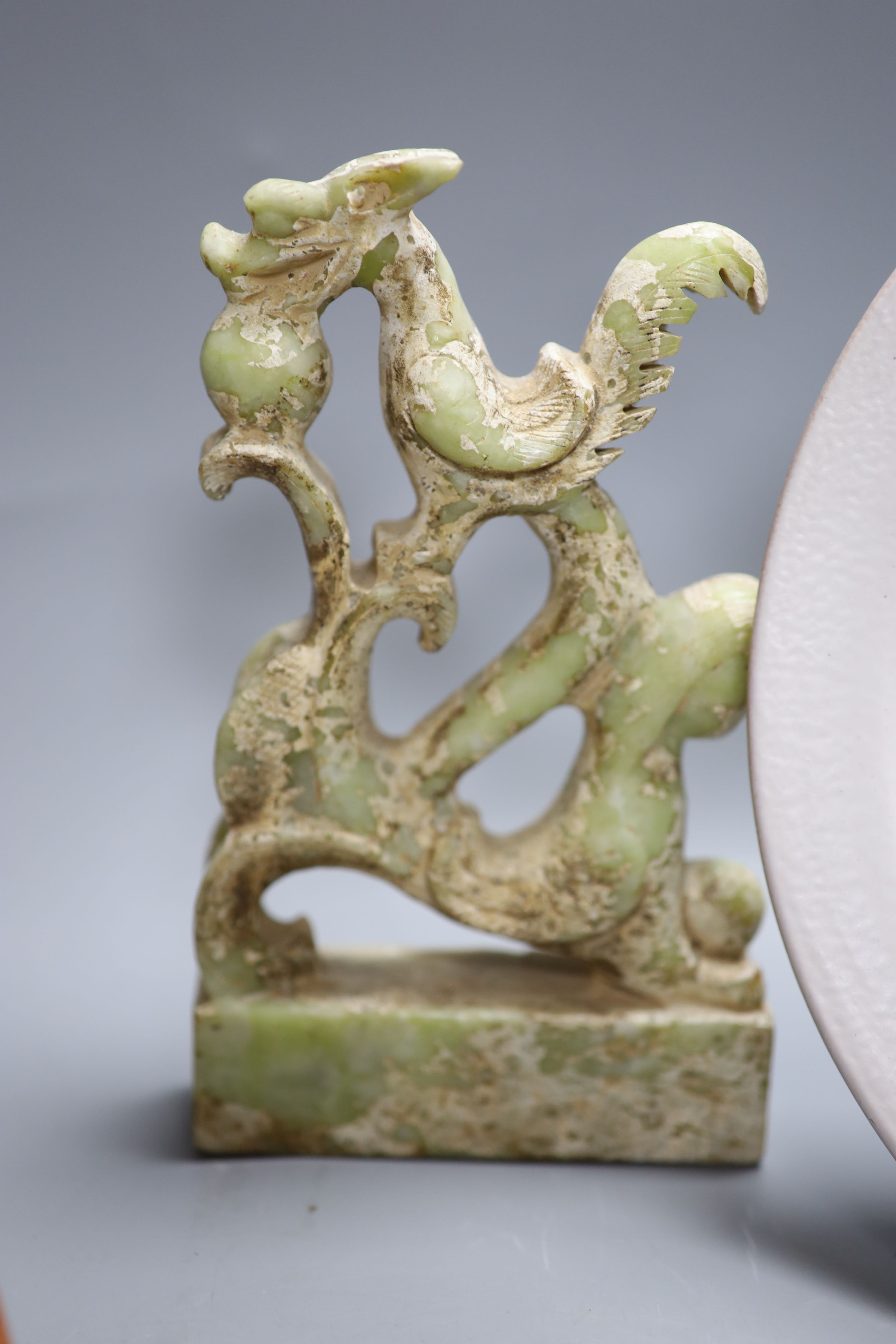 Mixed collectables including quantity of lantern slides, a hardstone carving, a Studio pottery dish, etc.